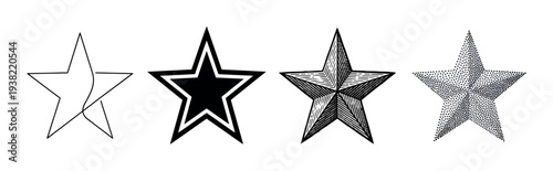 Four distinct black and white star shapes are presented, showcasing various graphic design styles including outline, solid, hatched, and stippled textures.