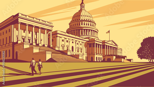 Legislative Building Exterior with Dome and Pedestrians Walking on Lawn During Sunset or Sunrise Sunlight president white house