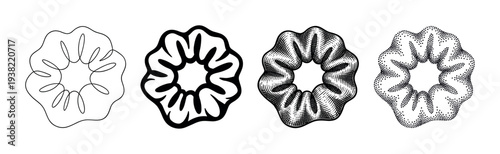 Collection of scrunchies depicted in various artistic styles, from simple outline to detailed stippling.