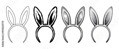 Four different styles of bunny ear headbands presented in a charming black and white vintage illustration set.