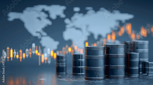 Stacked black oil barrels are positioned in front of a blurred world map and financial chart, showcasing rising graph lines and candlestick indicators
