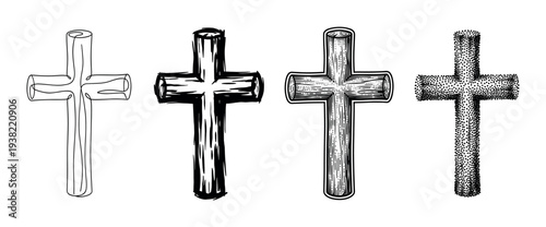 Four stylized Christian crosses are depicted with various artistic textures, including line art, brush strokes, engraving, and stippling.