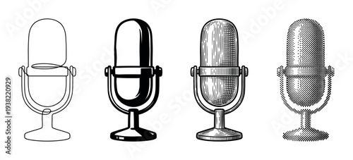 Collection of retro studio microphones depicted in various artistic styles including line art and halftone patterns.
