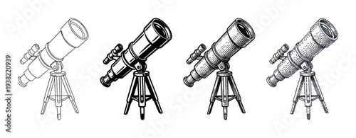 Telescope illustrations in various artistic styles depicting astronomical observation and scientific discovery.