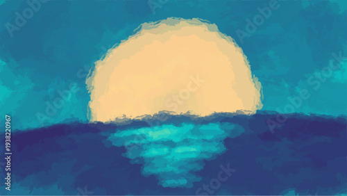日の出イラスト 海の水平線から昇る太陽を描いた水彩風サンライズ背景 ナチュラルな風景ベクター素材 / Sunrise over ocean watercolor style sun horizon landscape vector
