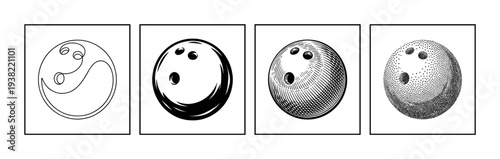 Four distinct bowling ball illustrations showcasing various artistic styles in black and white monochrome.