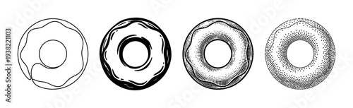 Four different styles of delicious glazed donuts are presented in a black and white line art illustration.