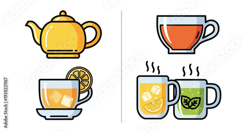 Tea cups with teapot and slices.