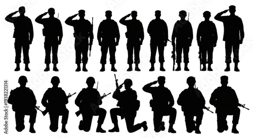 Silhouettes of Soldiers Saluting and Standing.