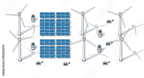 Renewable energy farm with solar panels and wind turbines.