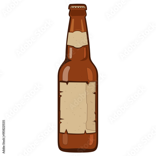Vintage Style Brown Beer Bottle, Hand-Drawn Vector Illustration. A stylized vector illustration of a brown beer bottle with a distressed, vintage-looking paper label. Features a slightly textured, 