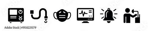 Medical healthcare emergency respiratory equipment icons set illustration depicting various critical care elements.