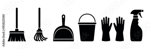 Cleaning tools and supplies including broom, mop, dustpan, bucket, gloves, and spray bottle are essential for maintaining a tidy home.