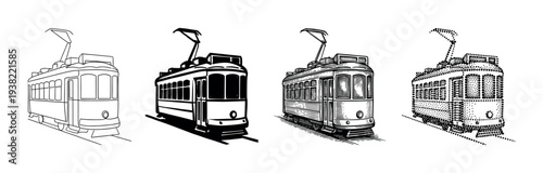 Classic streetcar tram public transportation vehicle collection presented in different artistic illustration styles.