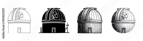 Four distinct observatory structures featuring rotating domes and advanced scientific instruments for astronomical research.