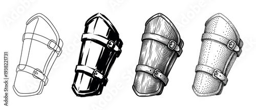 Four different styles of medieval arm guards with buckles and straps in a vintage engraved illustration.