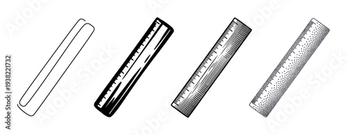 Four different rulers in various drawing styles are presented as a set of black and white vector illustrations.