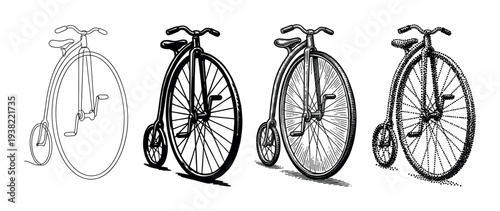 Four vintage high-wheel bicycles are depicted in various artistic styles including line art, solid, engraving, and stipple.