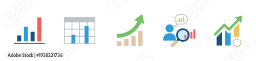 Business data analytics icons illustrating financial growth, market research, and strategic planning for success.