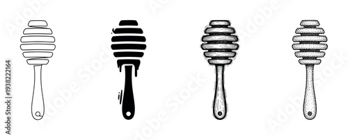 Four different styles of honey dippers are illustrated in a black and white collection, showcasing various design approaches.