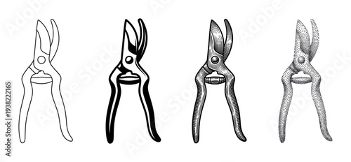 Four distinct garden pruners illustrations showcasing various artistic styles for gardening and horticulture design projects.