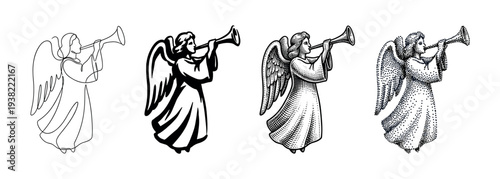 Collection of angels blowing trumpets showcases diverse illustration techniques for spiritual themes.