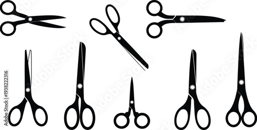 Black scissors and shears silhouette set with various cutting tools for sewing office craft and 