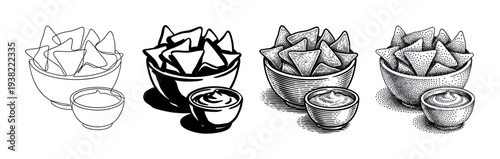 Collection of tortilla chips and dip illustrations, showcasing various artistic techniques from line art to stipple.