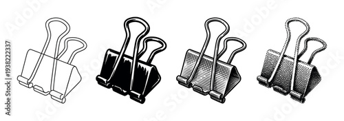 Four binder clips are illustrated in various black and white graphic styles, perfect for office supply designs.
