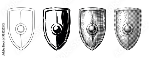 Four heraldic shields presented in distinct artistic styles, including continuous line, grunge, engraving, and halftone dot patterns.