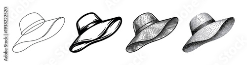 Four wide-brimmed hats illustrated in varying styles, showcasing different artistic techniques for fashion and summer concepts.