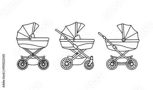 Baby Stroller Cart Vector Set Black and White Pram Outline Icons Isolated on White