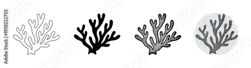 Stylized black and white coral reef elements are depicted in various artistic styles, including outline, solid, striped, and halftone patterns.