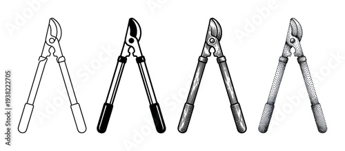 Four different styles of garden loppers are displayed, showcasing various artistic interpretations of this essential gardening tool.