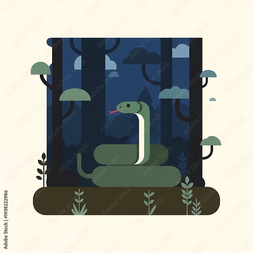 Obraz premium A cartoon-style illustration of a snake within a dark forest. Trees and foliage create a nighttime scene under a cloudy sky
