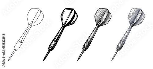 Four different styles of classic darts depicted in a detailed hand-drawn vector illustration set with various textures.
