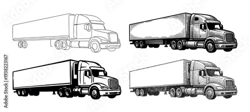 Four different artistic styles depict heavy duty semi-trucks with trailers, illustrating various rendering techniques for commercial transport.