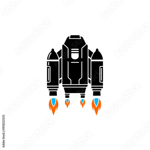 Black and white illustration of a futuristic jetpack with flames on white background.
