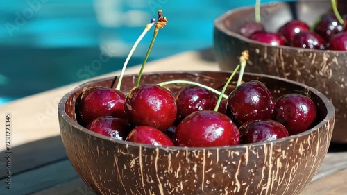 Luscious Cherries in Coconut Bowl: Close-up of ripe, glistening cherries nestled in a rustic coconut bowl, their deep red hue contrasting beautifully with the natural textures.