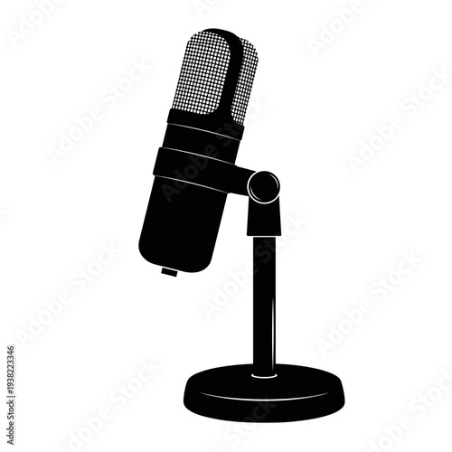 Black and white illustration of a studio microphone on a stand.