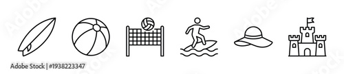 Summer beach vacation activity icons collection features various fun elements for holiday recreation.