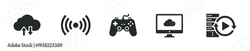 Modern digital technology icons representing various online services and connectivity options for computing and entertainment.