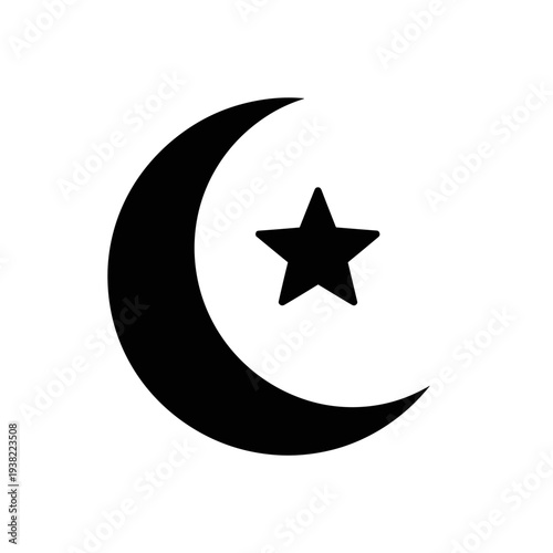 Black crescent moon and star symbol representing Islam religion.