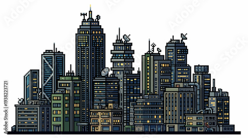 Modern Cityscape Skyline Illustration with Diverse Buildings.