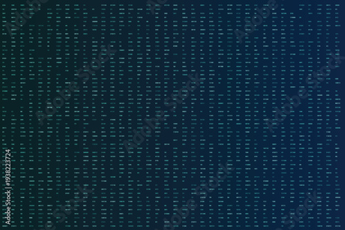 A dynamic green to blue gradient background displays a grid of binary data numbers