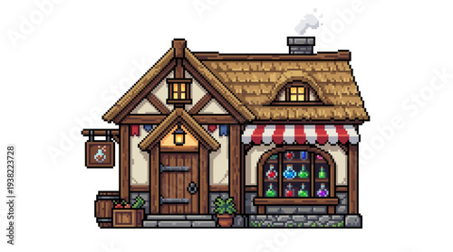 Charming Fantasy Potion Shop Building Illustration.