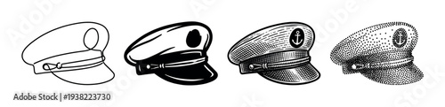 Four different styles of vintage captain's hats are illustrated in a black and white graphic design collection.