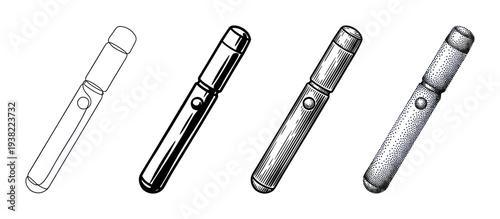 Electronic cigarette vape pen device vector illustration set showcasing different artistic styles including outline, solid, hatched, and stippled designs.
