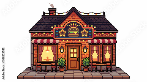 Pixel Art Burger Restaurant Building Exterior.