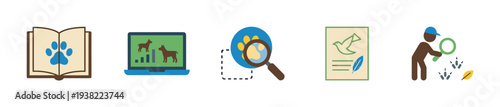 Animal research and wildlife conservation concepts are depicted through a series of colorful icons representing various aspects of pet care and environmental protection.